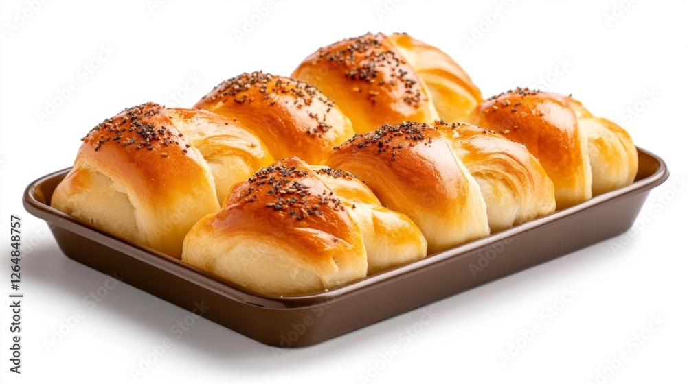 Freshly baked poppy seed rolls on a tray with a white background. Generative AI Freshly baked poppy seed rolls on a tray with a white background. Generative AI