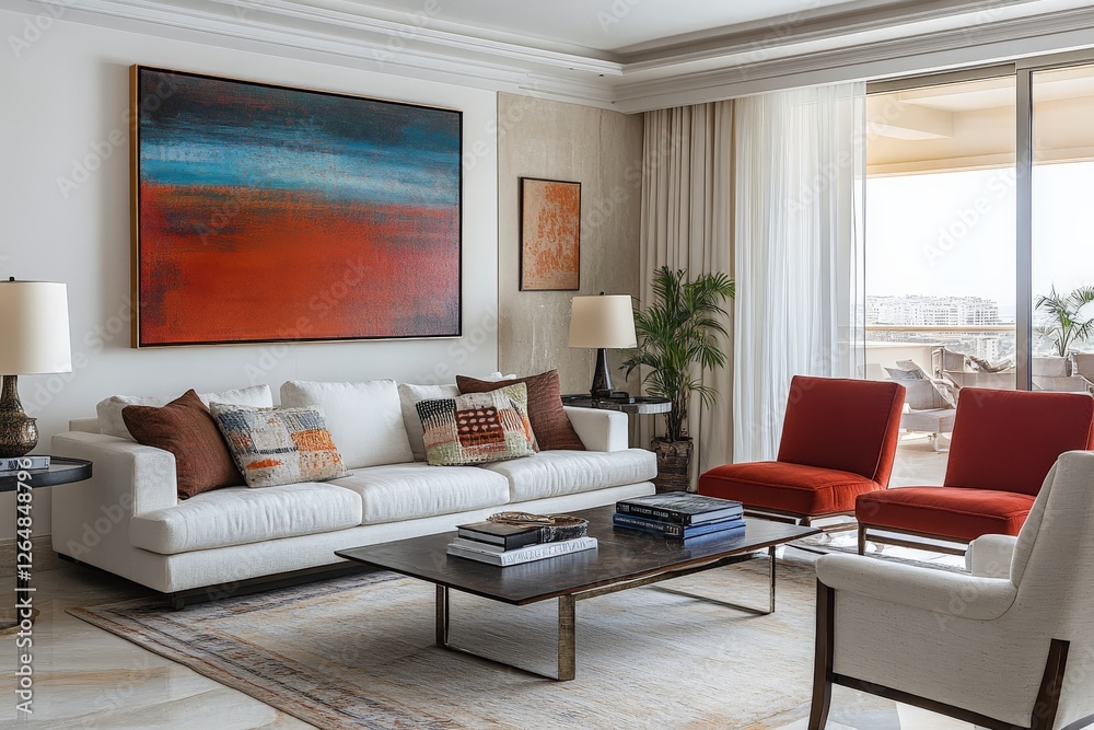 Fototapeta premium Modern living room featuring vibrant artwork and stylish furnishings with a view of the city skyline