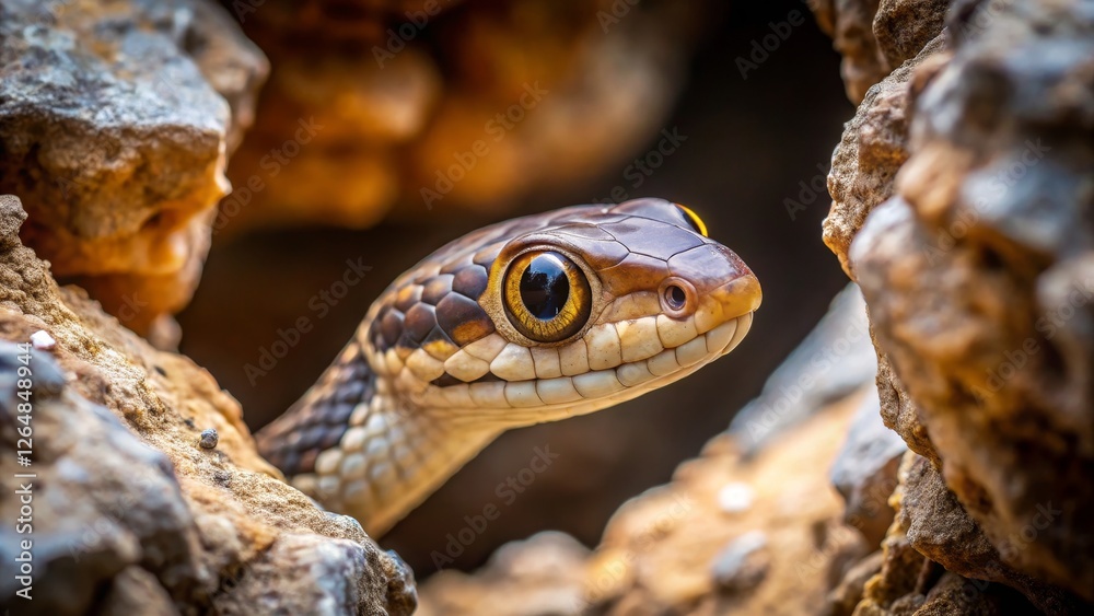 Close-Up of a Snake Emerging from a Rocky Terrain in Nature