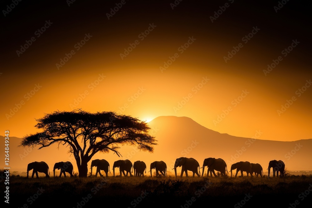 Majestic silhouettes of a herd of elephants and giraffes set against the breathtaking backdrop of an African safari sunset landscape Majestic silhouettes of a herd of elephants and giraffes set against the breathtaking backdrop of an African safari sunset landscape