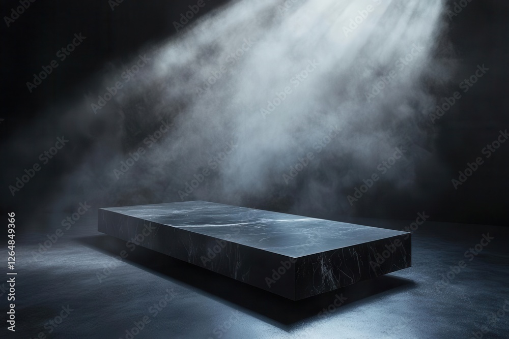 minimalist black marble platform floating in ethereal void, dramatic spotlighting, subtle smoke effects minimalist black marble platform floating in ethereal void, dramatic spotlighting, subtle smoke effects