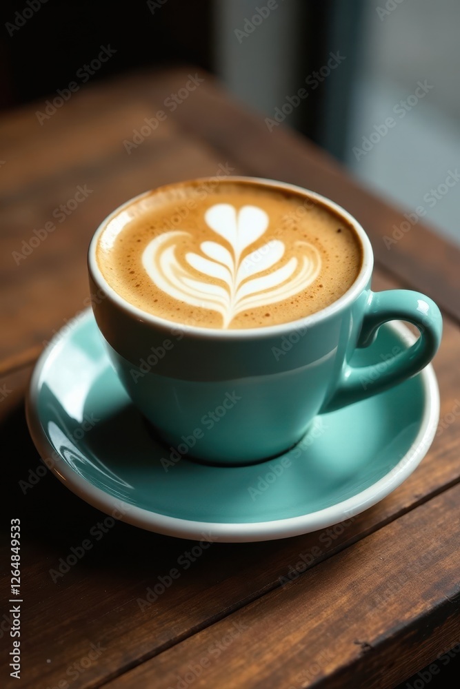 Close-up, coffee cup with latte art, rustic wood , cappuccino, image, background Close-up, coffee cup with latte art, rustic wood , cappuccino, image, background