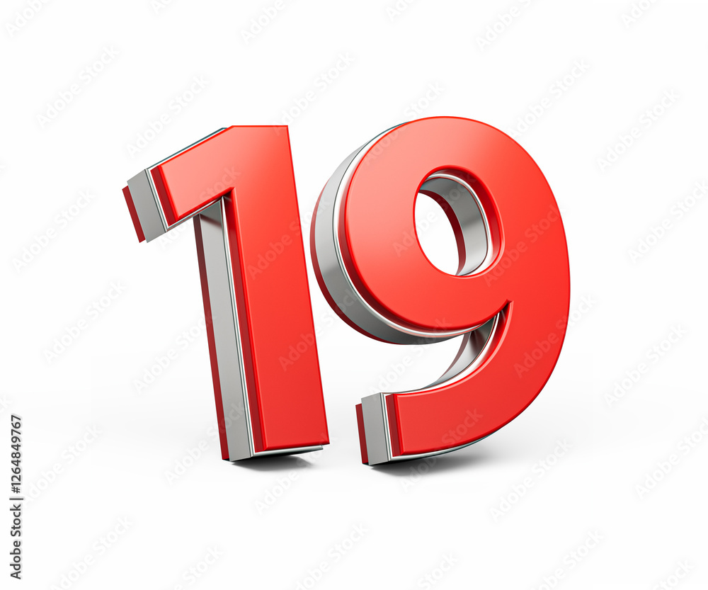 Bold Vibrant Red Number Nineteen Number 19 With Metallic On White Background 3D Illustration Bold Vibrant Red Number Nineteen Number 19 With Metallic On White Background 3D Illustration
