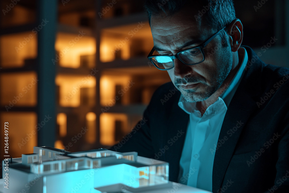 Generative AI Image of an Architect Working on a Modern Building Model in an Innovative Office Setting Generative AI Image of an Architect Working on a Modern Building Model in an Innovative Office Setting
