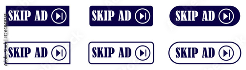 Skip ad button icons collection. Rounded skip ad button. Play symbol skip ad button. Forward icon ad skip button. Advertisement skip button set. Multimedia skip ad button. Vector illustration 