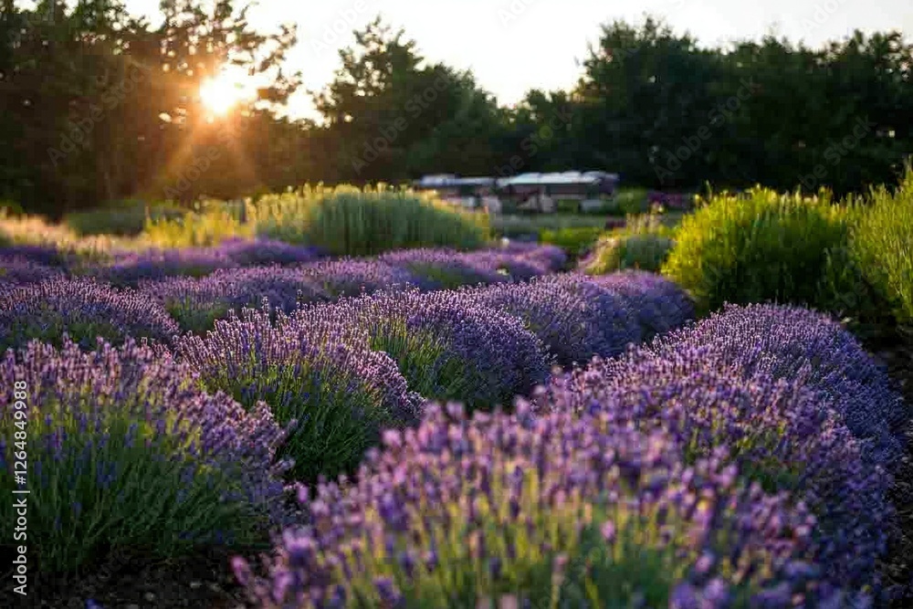 Obraz premium Lavender field blooms at sunset; perfect for relaxation, health and beauty products