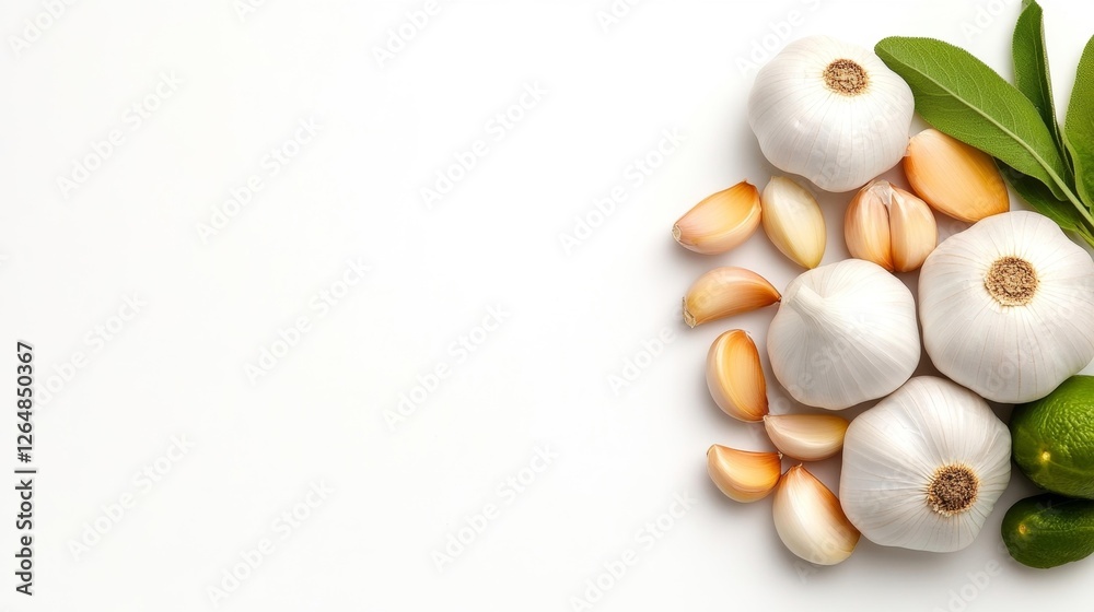 Garlic bulbs and cloves with fresh green leaves on a clean white background. Generative AI Garlic bulbs and cloves with fresh green leaves on a clean white background. Generative AI