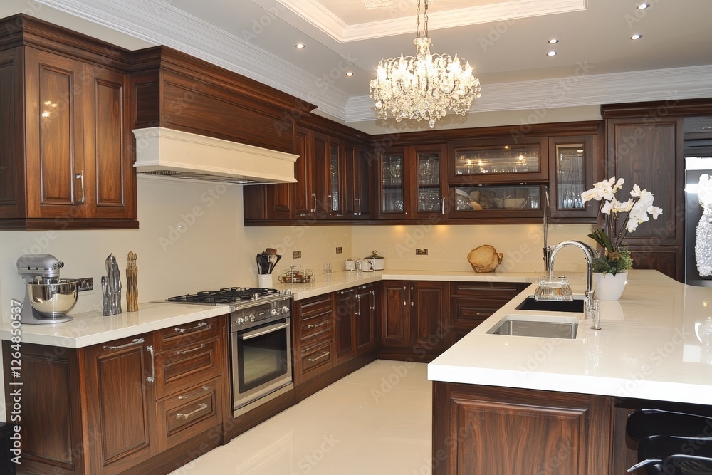 Fototapeta premium Elegant modern kitchen with dark wood cabinetry and luxurious finishes in a spacious home design