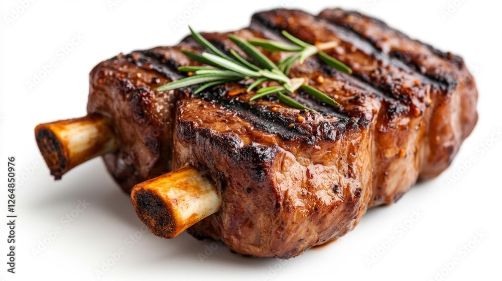 Grilled Beef Ribs with Rosemary on a White Plate. Generative AI Grilled Beef Ribs with Rosemary on a White Plate. Generative AI