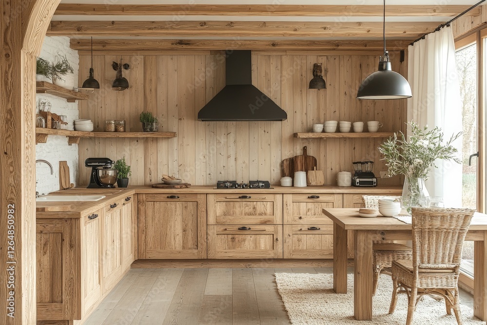 Fototapeta premium Cozy wooden kitchen with modern appliances and rustic decor showcasing a serene indoor atmosphere
