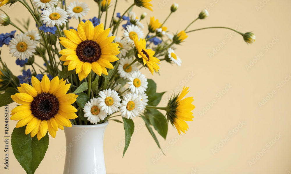Obraz premium Graduation Triumph (Sunflowers Daisies Irises) tall, fluted vase with crystal-clear water, holding a celebratory mix of bright yellow