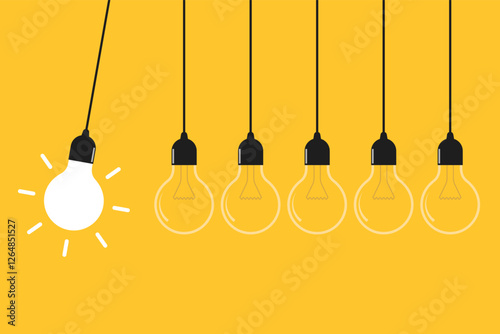 Newton's cradle concept with hanging light bulbs on yellow background