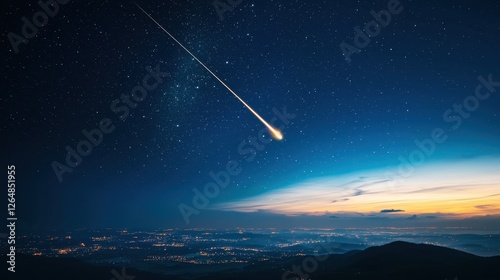 Meteor streaking across the night sky above a city skyline with lights and buildings illuminated