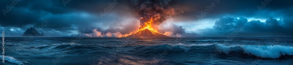 Fototapeta premium Volcanic Eruption Exploding into the Ocean Under Dark Clouds. Generative AI