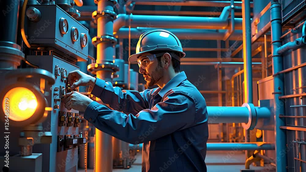 Industrial Engineer Wearing Safety Gear Operating Control Panel in a High-Tech Factory with Complex Piping System
Industrial Engineer Wearing Safety Gear Operating Control Panel in a High-Tech Factory with Complex Piping System