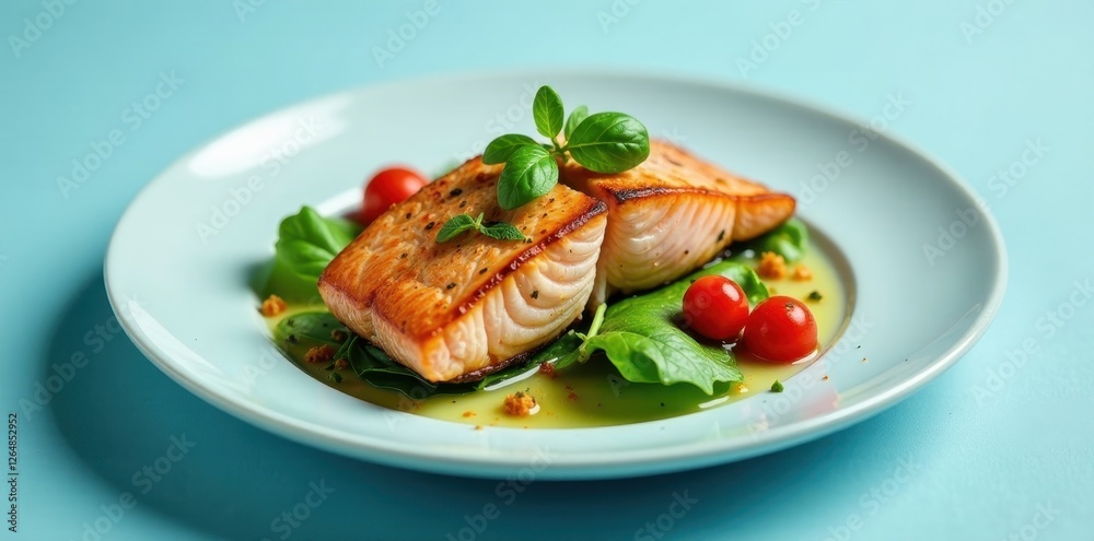 Gourmet Pan-Seared Salmon Fillet with Fresh Herbs and Cherry Tomatoes on a Light Blue Plate Gourmet Pan-Seared Salmon Fillet with Fresh Herbs and Cherry Tomatoes on a Light Blue Plate