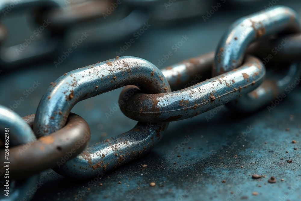 Close-up view of a weathered metallic chain exhibiting signs of age and wear, showcasing intricate details of rust and texture Close-up view of a weathered metallic chain exhibiting signs of age and wear, showcasing intricate details of rust and texture