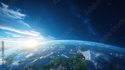 Aerial view of earth from space showcasing the planets surface and atmosphere with visible landmasses and clouds