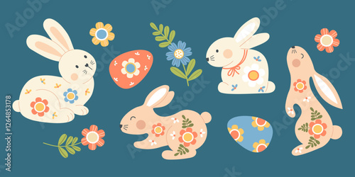 Cute Floral Easter Bunnies and Paschal Eggs. Spring Holiday Collection. Isolated Vector illustrations for festive decor and design, greeting card, invitation, postcard, banner, poster