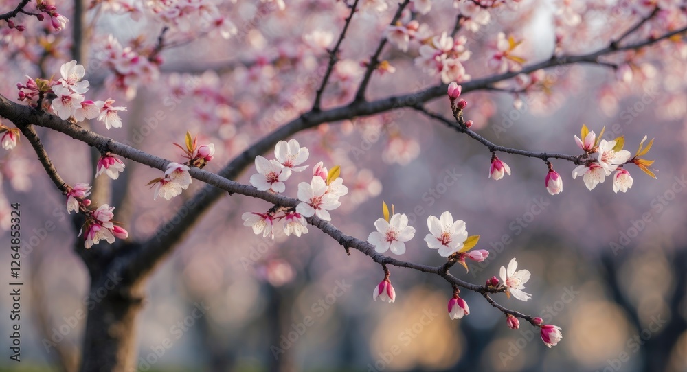 Cherry blossom tree branches with delicate pink flowers in soft sunlight Copy Space Cherry blossom tree branches with delicate pink flowers in soft sunlight Copy Space