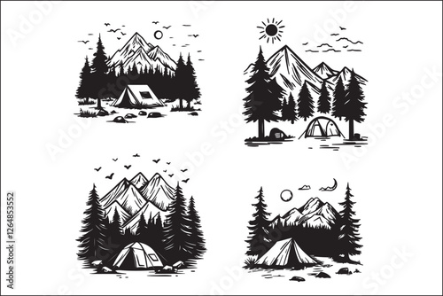 Minimalist Camping Logo Set Vector Line Art Illustrations Outdoor Adventure Camping Logo Set in Clean Line Art Style Modern Camping Logo Vector Pack Outline and Line Art Designs