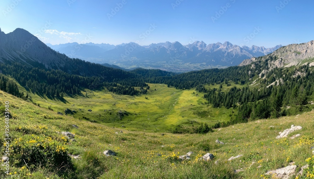 Scenic valley view with mountains and trees for travel marketing and wallpaper use Scenic valley view with mountains and trees for travel marketing and wallpaper use