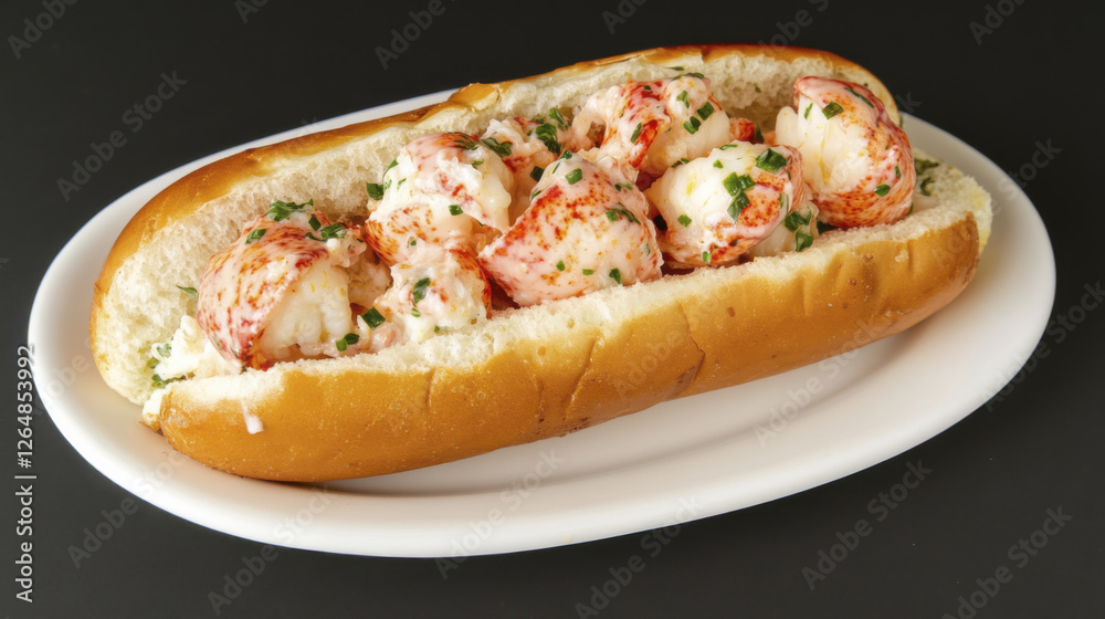 Lobster roll with fresh lobster meat, creamy dressing, and herbs in bun Lobster roll with fresh lobster meat, creamy dressing, and herbs in bun