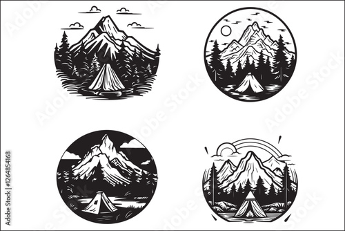 Minimalist Camping Logo Set Vector Line Art Illustrations Outdoor Adventure Camping Logo Set in Clean Line Art Style Modern Camping Logo Vector Pack Outline and Line Art Designs