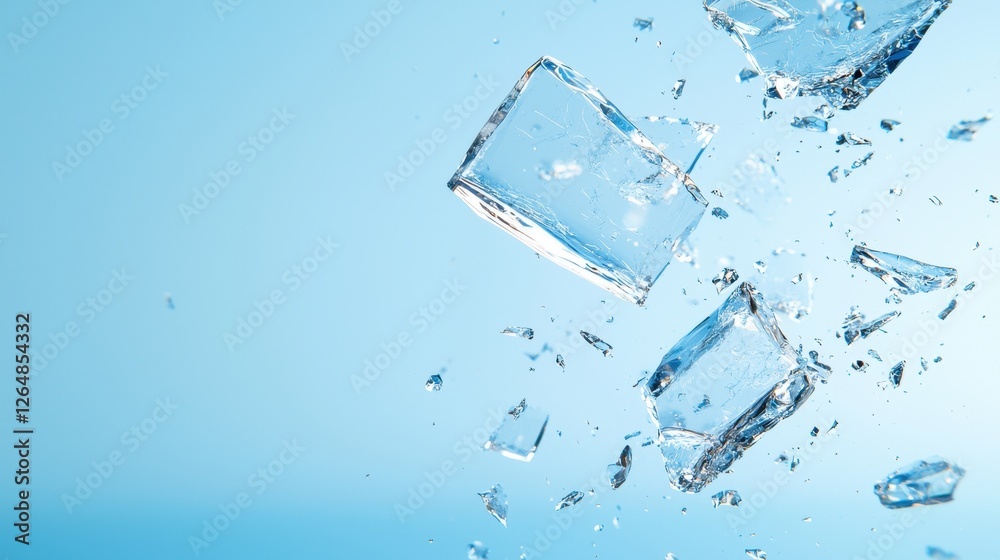Ice cubes falling through the air creating a splash in a clear glass with water Ice cubes falling through the air creating a splash in a clear glass with water