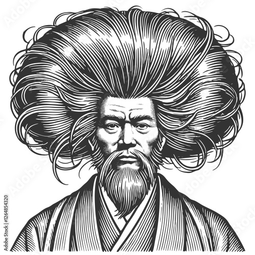 Asian japanese elderly man with an enormous, wild hairstyle and a long beard, wearing traditional robes sketch engraving generative ai character vector illustration. Scratch board. Black and white.