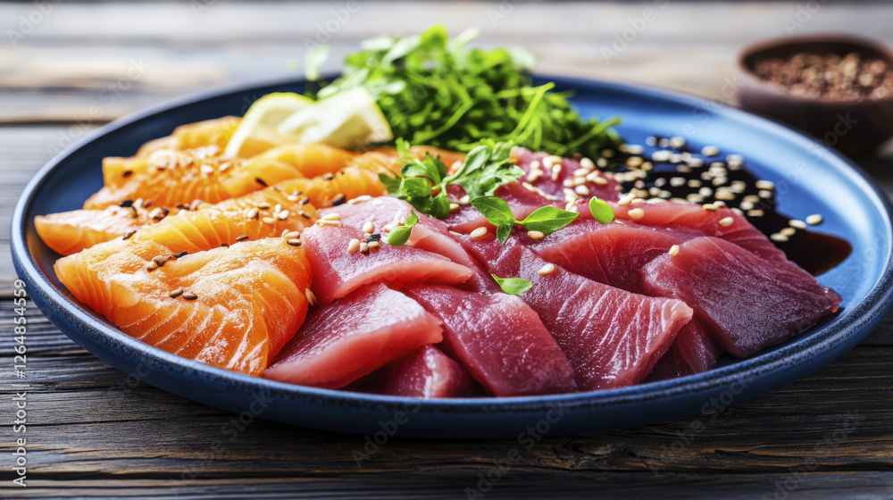 Fresh sashimi platter with salmon and tuna, garnished with herbs and sauce Fresh sashimi platter with salmon and tuna, garnished with herbs and sauce