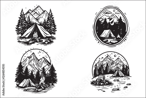 Minimalist Camping Logo Set Vector Line Art Illustrations Outdoor Adventure Camping Logo Set in Clean Line Art Style Modern Camping Logo Vector Pack Outline and Line Art Designs