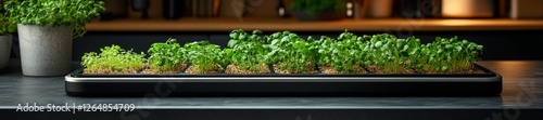 Modern indoor plant growing system with healthy microgreens and herbs on the kitchen counter. Generative AI photo