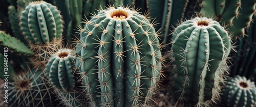 Group of various cacti species with spines in desert environment suitable for gardening or botanical themes Copy Space photo