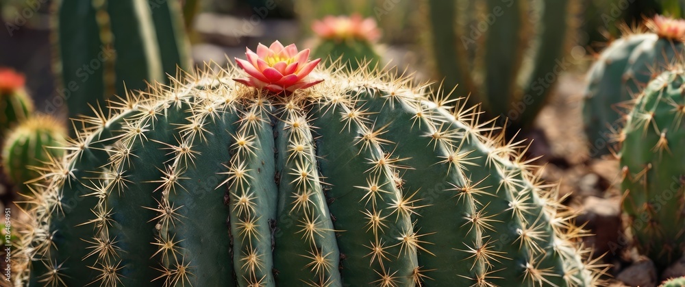 Cactus plant with red flower on top surrounded by other cacti in a desert landscape natural setting Copy Space Cactus plant with red flower on top surrounded by other cacti in a desert landscape natural setting Copy Space