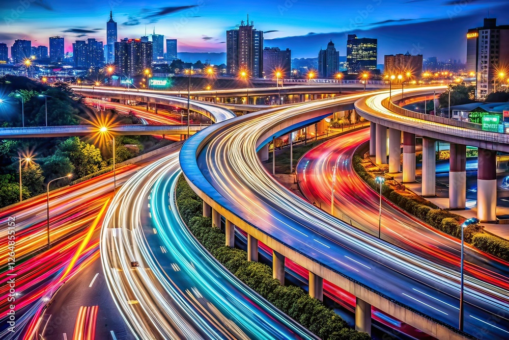 Fototapeta premium Busy Highway Ramp Night Traffic Time Lapse - AI Photo