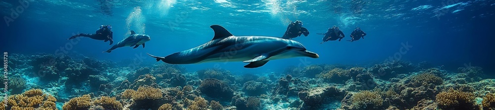 Dolphins swimming with divers in crystal-clear underwater ocean scene. Generative AI Dolphins swimming with divers in crystal-clear underwater ocean scene. Generative AI