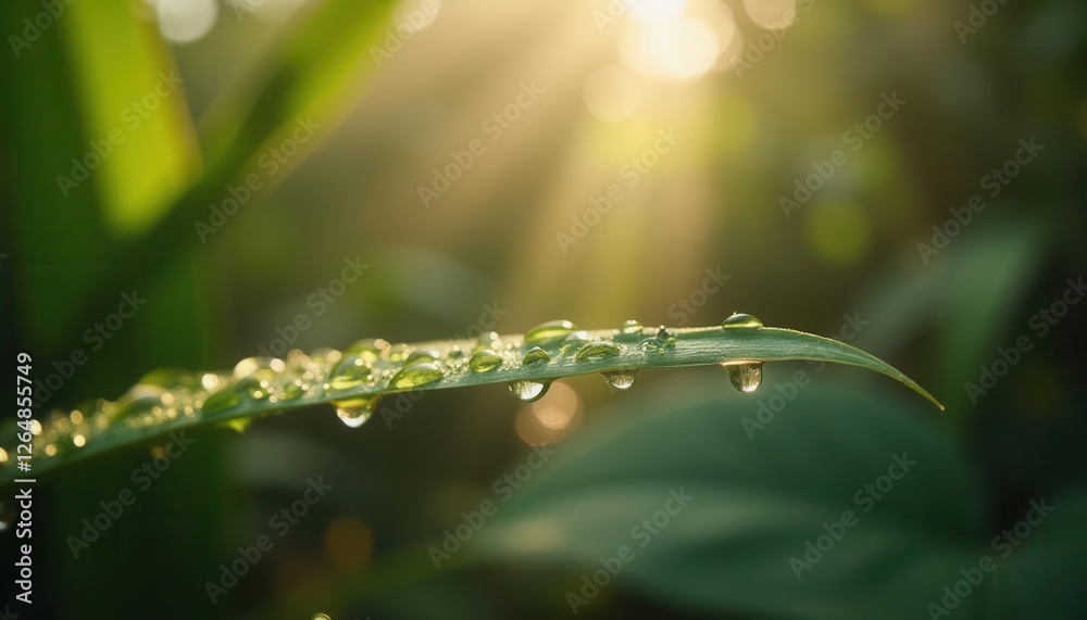 Dew Drops on Green Leaf Sparkling in Sunlight Early Morning