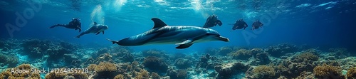 Wallpaper Mural Dolphins swimming with divers in crystal-clear underwater ocean scene. Generative AI Torontodigital.ca