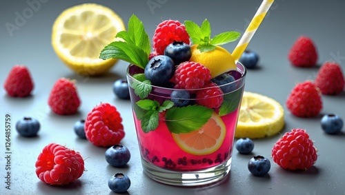 Fresh fruit cocktail with berries and lemon in a glass garnished with mint leaves against a gray background Copy Space