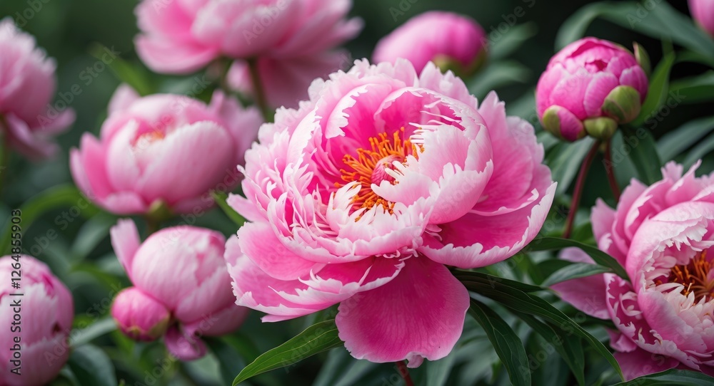 Pink peony flowers blooming in garden setting with lush green leaves soft focus background Copy Space Pink peony flowers blooming in garden setting with lush green leaves soft focus background Copy Space