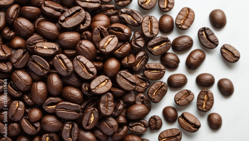 Fototapeta premium Close-up of roasted coffee beans on white background with scattered beans and Copy Space for text placement