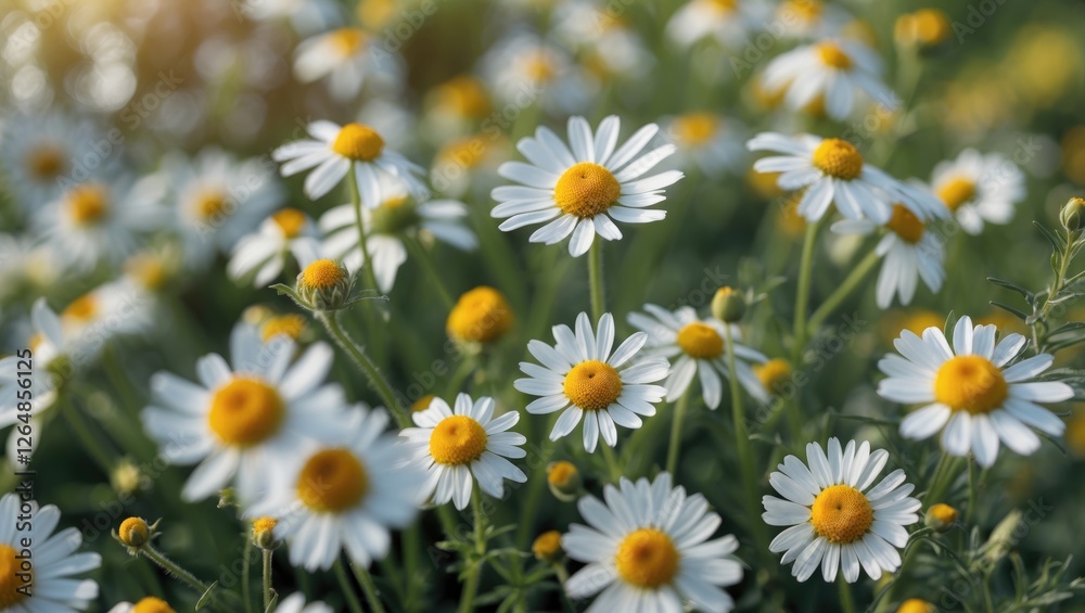 Fototapeta premium Field of daisies with white petals and yellow centers in natural daylight with selective focus and blurred background Copy Space