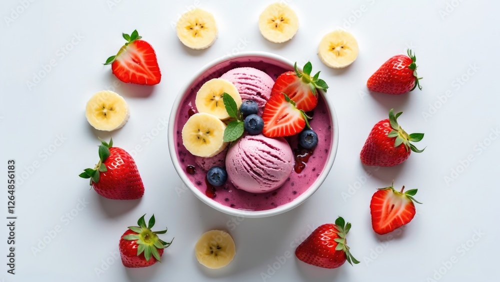 Bowl of mixed berry ice cream topped with strawberries, bananas, and blueberries on a white background with copy space Bowl of mixed berry ice cream topped with strawberries, bananas, and blueberries on a white background with copy space