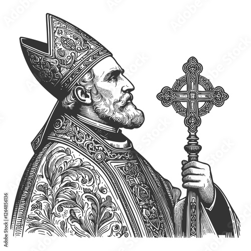 bishop in elaborate vestments, holding an ornate cross, symbolizing faith, religion, and spirituality sketch engraving generative ai vector illustration. Scratch board imitation. Black and white image