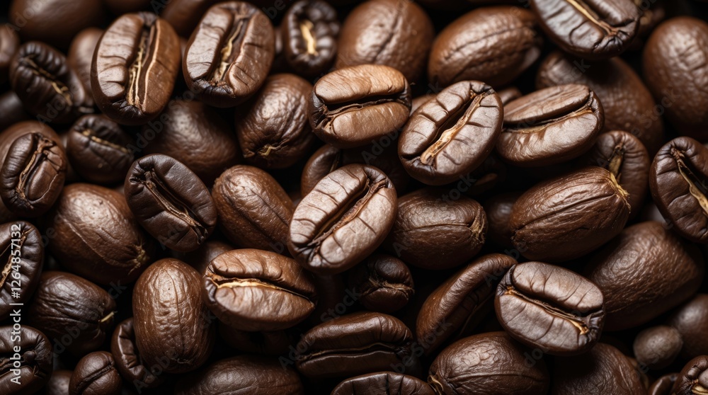 Fototapeta premium Close-up of roasted coffee beans with varying textures arranged in a scattered pattern on a dark surface Copy Space