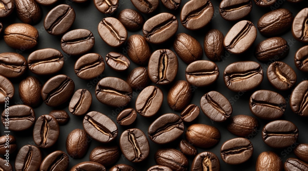 Fototapeta premium Assorted roasted coffee beans arranged on a dark surface background with visible textures and details Copy Space