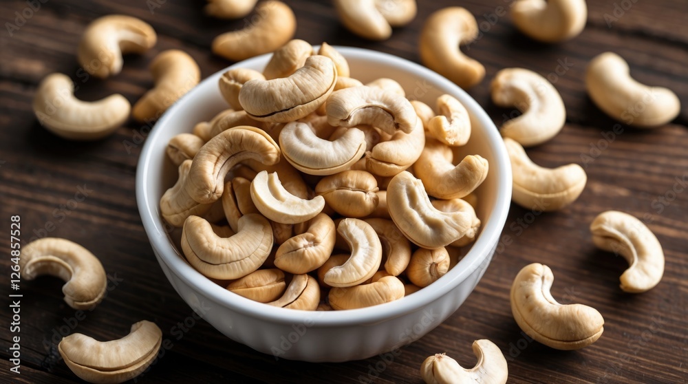 Cashew nuts in a white bowl with scattered nuts on a wooden surface suitable for food related concepts Copy Space Cashew nuts in a white bowl with scattered nuts on a wooden surface suitable for food related concepts Copy Space