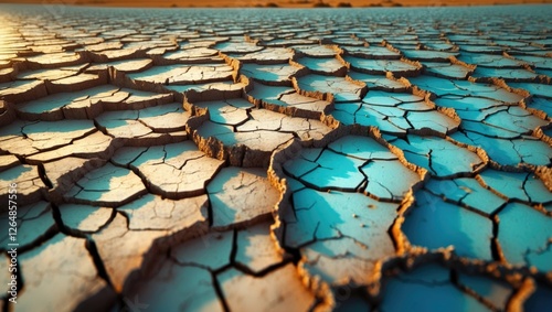 Cracked dry earth surface with blue water pools in a desert landscape during sunset natural environmental texture with copy space photo