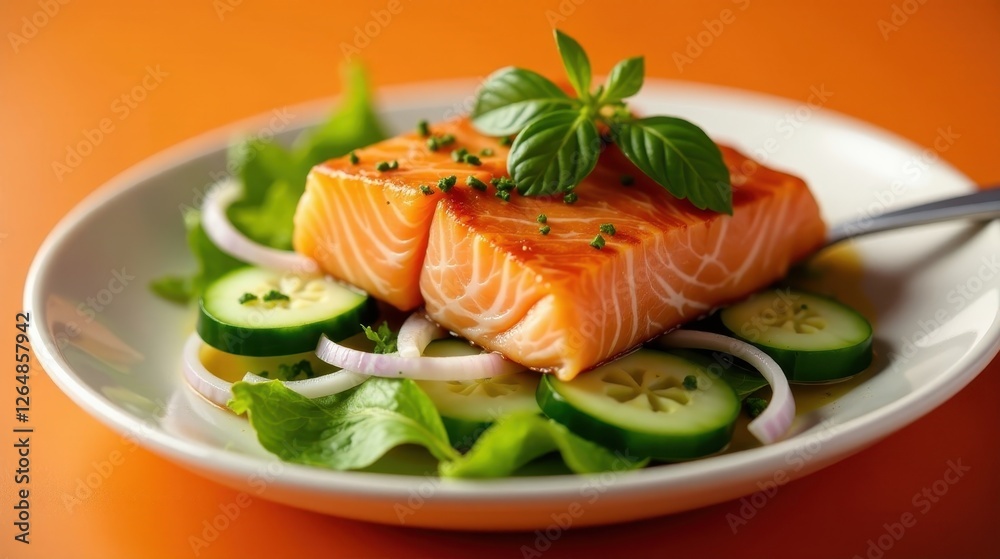 Savory Pan-Seared Salmon Filets Served on a Fresh Garden Salad with Thinly Sliced Cucumbers and Red Onions Savory Pan-Seared Salmon Filets Served on a Fresh Garden Salad with Thinly Sliced Cucumbers and Red Onions